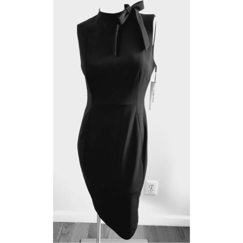 NEW CALVIN KLEIN TIE BOW NECK BLACK SLEEVELESS SHEATH DRESS